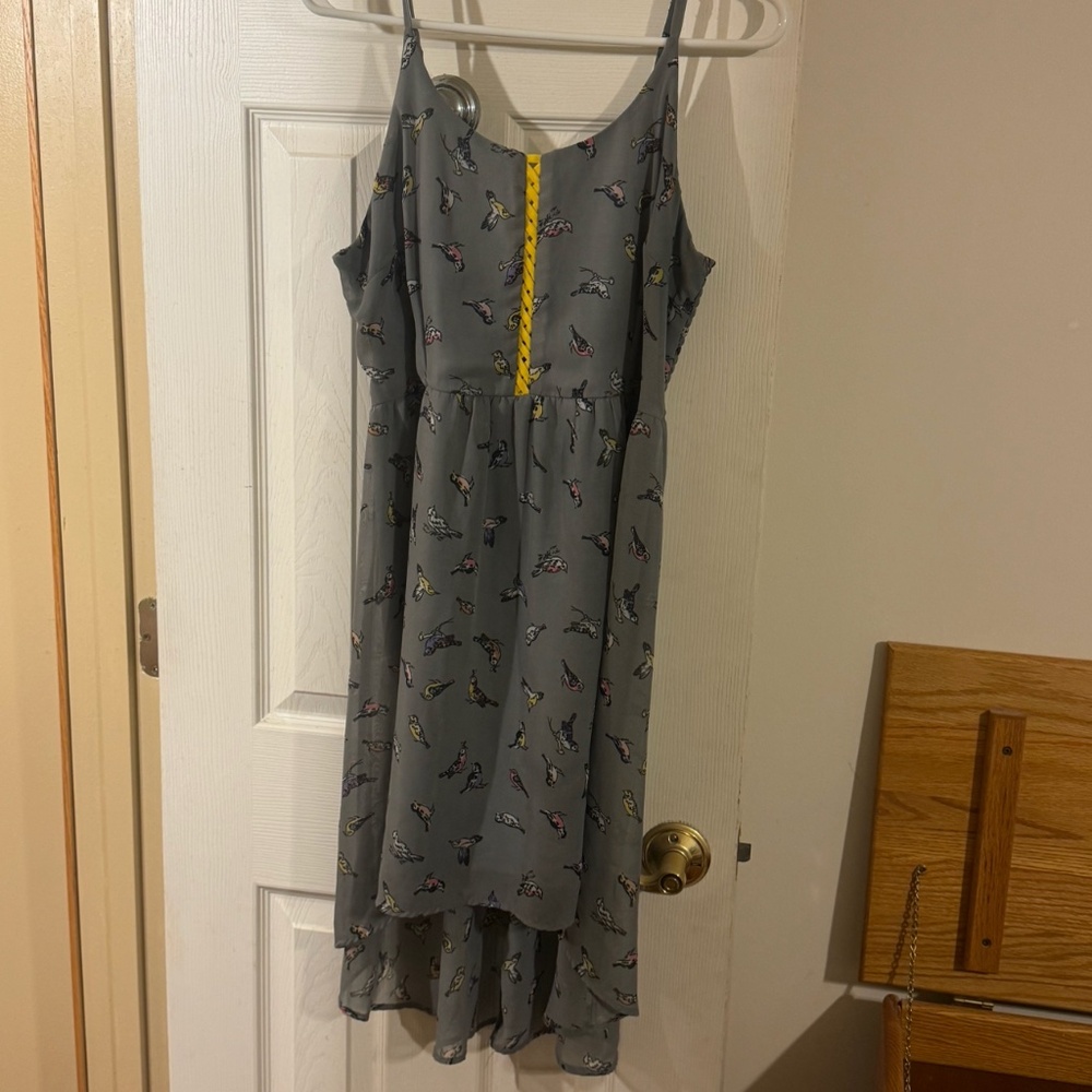 XHILARATION DRESS - Grey with birds High Low Spaghetti strap LARGE